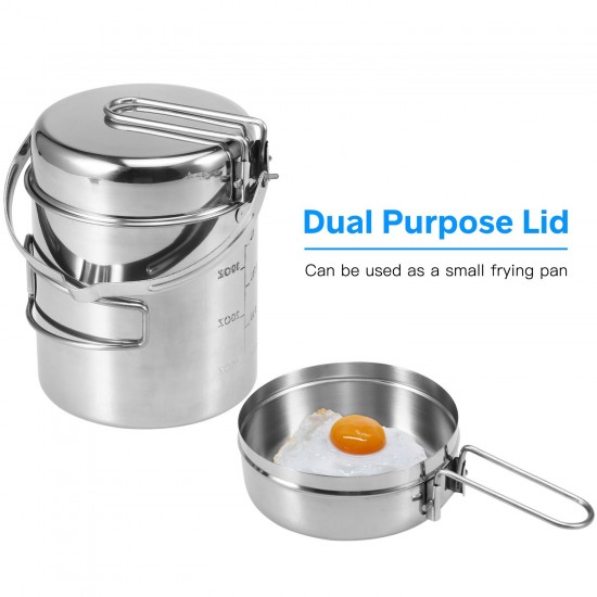 1L Stainless Steel Cooking Kettle Portable Outdoor Camping Backpacking Pot with Foldable Handle