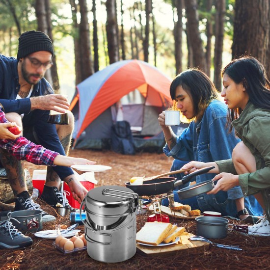 1L Stainless Steel Cooking Kettle Portable Outdoor Camping Backpacking Pot with Foldable Handle