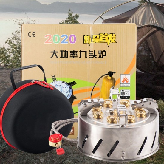 Self-Driving Tour Outdoor Stainless Steel 9-Head Stove Portable 9 Hole Fire And Brimstone Stove Single 1M Soft Tube