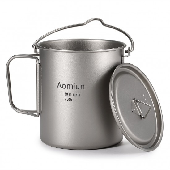 Aomiun Ultralight 750ml Titanium Pot Portable Titanium Water Mug Cup with Lid and Foldable Handle Outdoor Camping Cooking Picnic