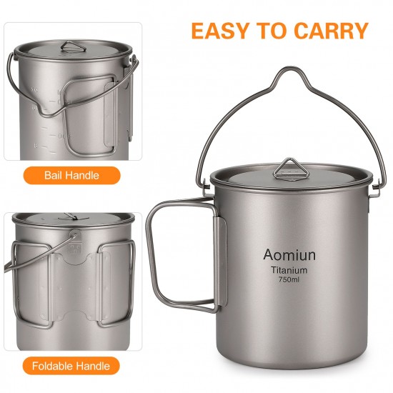 Aomiun Ultralight 750ml Titanium Pot Portable Titanium Water Mug Cup with Lid and Foldable Handle Outdoor Camping Cooking Picnic