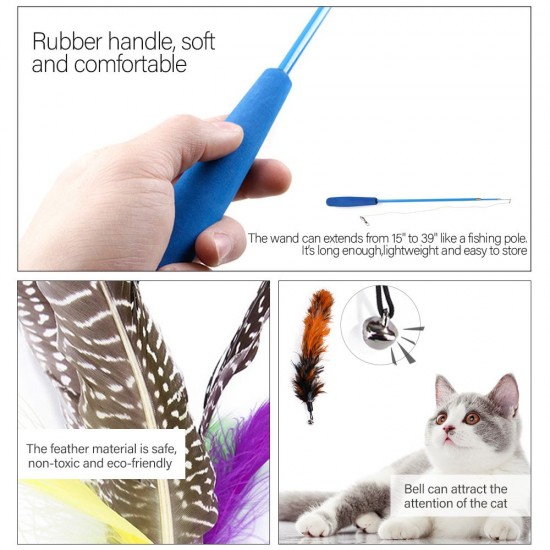 Cat Feather Rod Interactive Feather Teaser Retractable Cat Wand 11 PCS