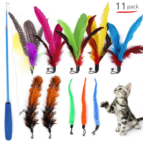 Cat Feather Rod Interactive Feather Teaser Retractable Cat Wand 11 PCS