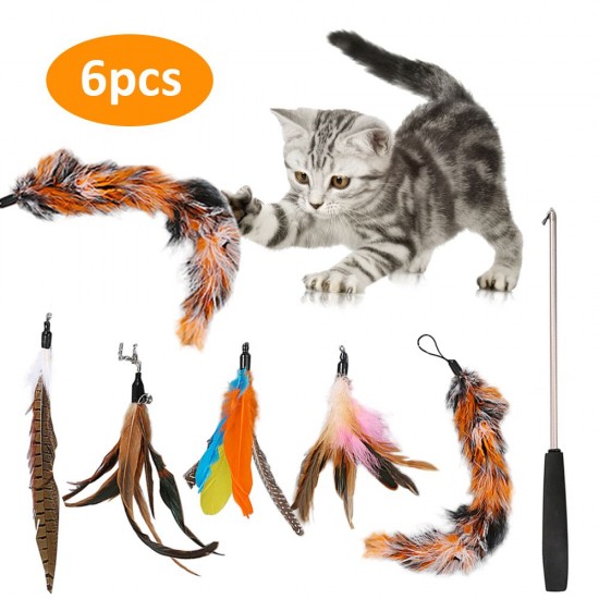 Cat Pet Feather Wand Cat Interactive Retractable Feather Toys Teaser with Bell 5 pcs Feather Replacement