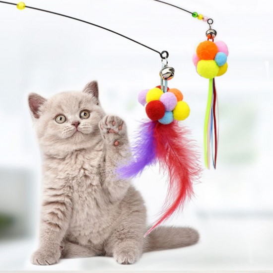 Cat Interactive Stick with Balls Bells Feather Wand for Cat Teaser Catcher Exercise Playing Fun Toys Pet Supplies