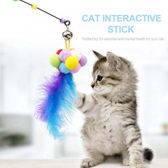 Cat Interactive Stick with Balls Bells Feather Wand for Cat Teaser Catcher Exercise Playing Fun Toys Pet Supplies