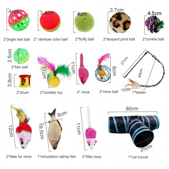 27PCS Cat Toy Kitten Toys Variety Pack Set Including Feather Teaser Fluffy Fish Mouse Crinkle Balls Tunnel Drum for Pet Kitty Puppy Christmas Gift