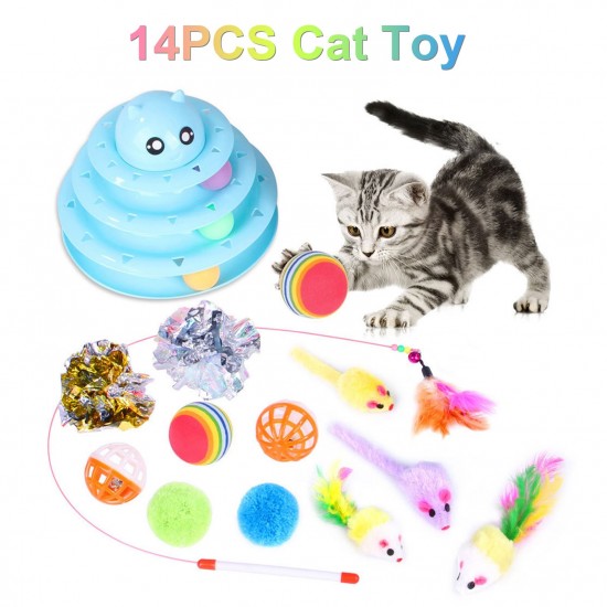 14PCS Cat Toy Interactive Toys Variety Pack Set Including 3 Level Towers Tracks Roller Feather Teaser Fluffy Mouse Crinkle Balls Having Fun Exerciser Playing for Pet Birthday Gift