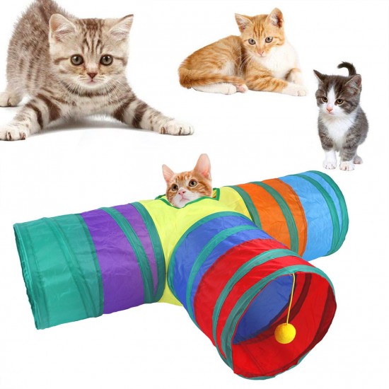 Indoor Cat Tunnel 3 Way Pet Play Tunnel Collapsible Tunnel Tube Kitty Tunnel Peek Hole Toy Pet Toys for Cats Puppies Rabbits, 80cm Length