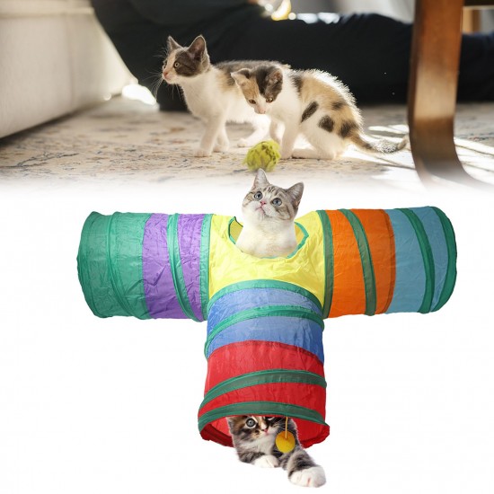 Indoor Cat Tunnel 3 Way Pet Play Tunnel Collapsible Tunnel Tube Kitty Tunnel Peek Hole Toy Pet Toys for Cats Puppies Rabbits, 80cm Length