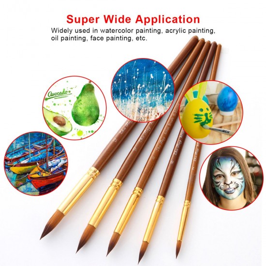 5pcs Paint Brushes Set Kit Round Pointed Tip Brushes with Nylon Hair for Artist Acrylic Aquarelle Gouache Watercolor Oil Painting for Great Art Drawing Supplies