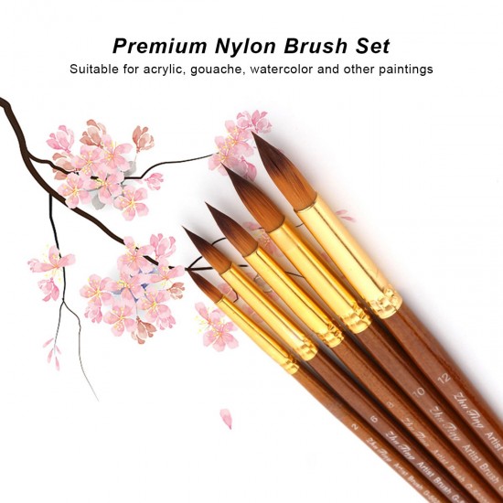 5pcs Paint Brushes Set Kit Round Pointed Tip Brushes with Nylon Hair for Artist Acrylic Aquarelle Gouache Watercolor Oil Painting for Great Art Drawing Supplies