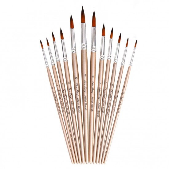 12pcs Paint Brushes Set Kit Round Pointed Tip Brushes with Nylon Hair for Artist Acrylic Aquarelle Gouache Watercolor Oil Painting for Great Art Drawing Supplies