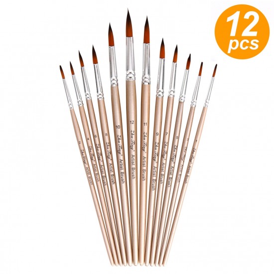 12pcs Paint Brushes Set Kit Round Pointed Tip Brushes with Nylon Hair for Artist Acrylic Aquarelle Gouache Watercolor Oil Painting for Great Art Drawing Supplies