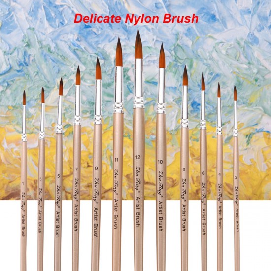 12pcs Paint Brushes Set Kit Round Pointed Tip Brushes with Nylon Hair for Artist Acrylic Aquarelle Gouache Watercolor Oil Painting for Great Art Drawing Supplies