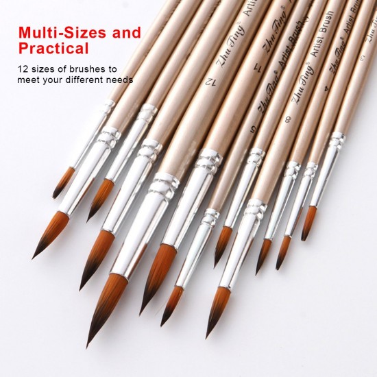 12pcs Paint Brushes Set Kit Round Pointed Tip Brushes with Nylon Hair for Artist Acrylic Aquarelle Gouache Watercolor Oil Painting for Great Art Drawing Supplies