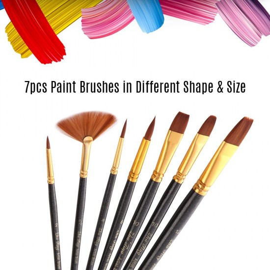 7pcs/set Art Paint Brushes Set Round & Flat & Filbert & Fan Tips Professional Drawing Paintbrushes Nylon Hair Wooden Handle for Watercolor Acrylic Oil Gouache Face Body Painting for Artists Adults Students Beginners