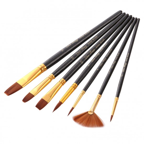 7pcs/set Art Paint Brushes Set Round & Flat & Filbert & Fan Tips Professional Drawing Paintbrushes Nylon Hair Wooden Handle for Watercolor Acrylic Oil Gouache Face Body Painting for Artists Adults Students Beginners