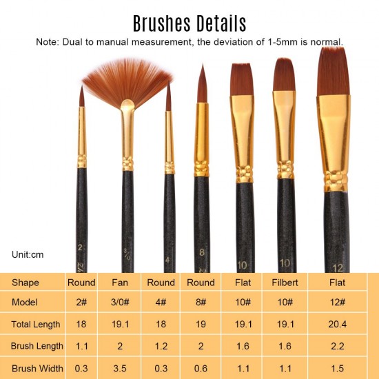 7pcs/set Art Paint Brushes Set Round & Flat & Filbert & Fan Tips Professional Drawing Paintbrushes Nylon Hair Wooden Handle for Watercolor Acrylic Oil Gouache Face Body Painting for Artists Adults Students Beginners