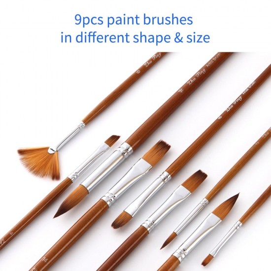 9pcs Professional Paint Brushes Set Multipurpose Paintbrush Nylon Hair Wooden Handle for Acrylic Oil Watercolor Gouache Painting Art Supplies for Artists Adults Children