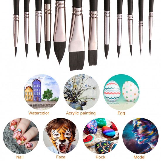 12pcs Professional Paint Brushes Nylon Hair Delicate Wooden Handle Paintbrush Painting Brushes Kit Gift for Artists Children Adults for Acrylic Oil Watercolor Gouache Body Face Miniature Detail Painting Arts Crafts Supplies