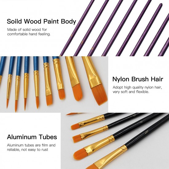 10pcs Paint Brushes Set Kit Artist Paintbrush Multiple Mediums Brushes with Nylon Hair for Artist Acrylic Aquarelle Watercolor Gouache Oil Painting for Great Art Drawing Supplies