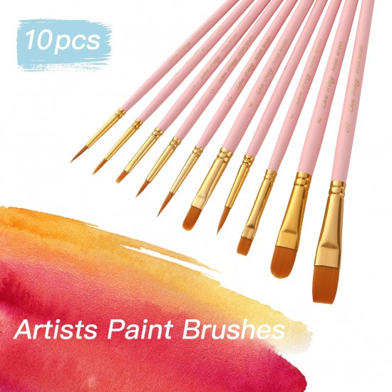 10pcs Professional Artist Paint Brushes Set Nylon Hair Delicate Wooden Handle Paintbrushes Art Supplies Gift for Children Adults Beginners for Acrylic Oil Watercolor Gouache Nail Body Face Miniature Detail Rock Painting