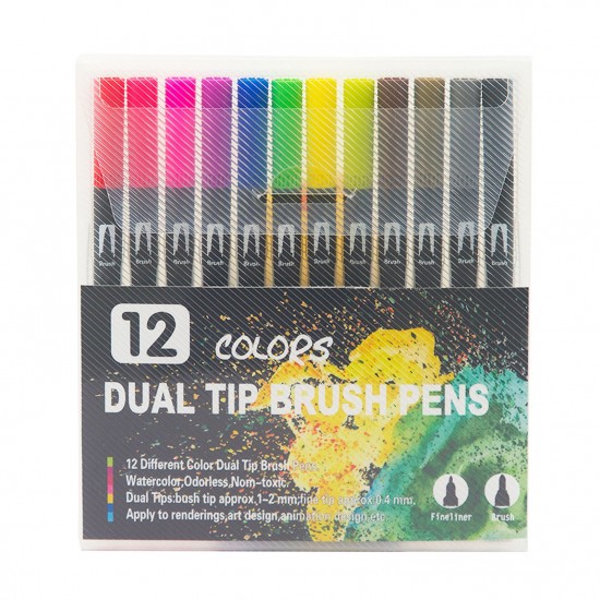 12 Colors Dual Tip Brush Pens Art Markers Set Brush and Fine Tips Colored Pens for Children Adults Artists Drawing Sketching Coloring Calligraphy Hand Lettering Journaling Planner Art Projects