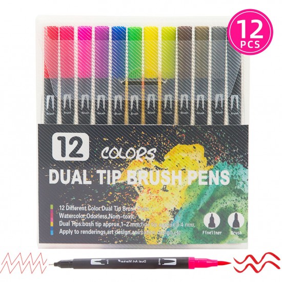 12 Colors Dual Tip Brush Pens Art Markers Set Brush and Fine Tips Colored Pens for Children Adults Artists Drawing Sketching Coloring Calligraphy Hand Lettering Journaling Planner Art Projects