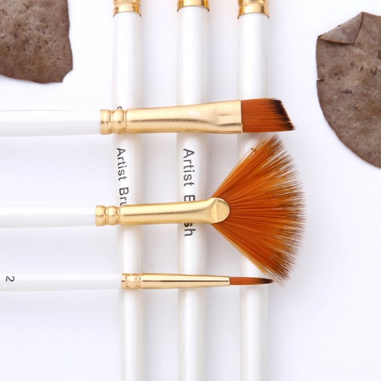 6pcs Pearl White Handle Combined Paint Brushes Set Nylon Hair Wooden Handle Artists Paintbrushes for Acrylic Oil Watercolor Gouache Nail Body Face Rock Drawing Arts Crafts Supplies Painting