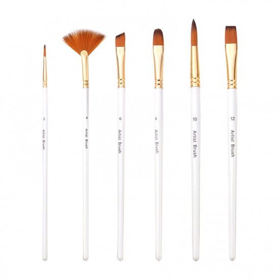 6pcs Pearl White Handle Combined Paint Brushes Set Nylon Hair Wooden Handle Artists Paintbrushes for Acrylic Oil Watercolor Gouache Nail Body Face Rock Drawing Arts Crafts Supplies Painting