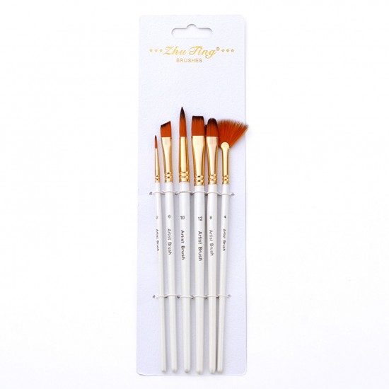 6pcs Pearl White Handle Combined Paint Brushes Set Nylon Hair Wooden Handle Artists Paintbrushes for Acrylic Oil Watercolor Gouache Nail Body Face Rock Drawing Arts Crafts Supplies Painting