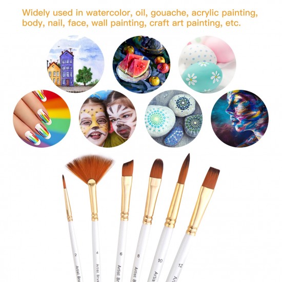 6pcs Pearl White Handle Combined Paint Brushes Set Nylon Hair Wooden Handle Artists Paintbrushes for Acrylic Oil Watercolor Gouache Nail Body Face Rock Drawing Arts Crafts Supplies Painting