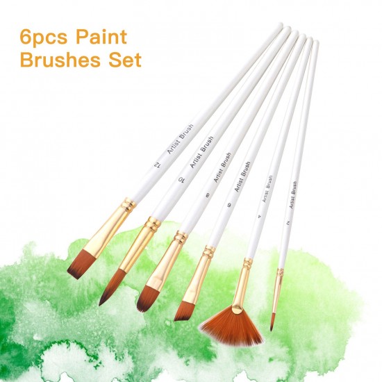 6pcs Pearl White Handle Combined Paint Brushes Set Nylon Hair Wooden Handle Artists Paintbrushes for Acrylic Oil Watercolor Gouache Nail Body Face Rock Drawing Arts Crafts Supplies Painting