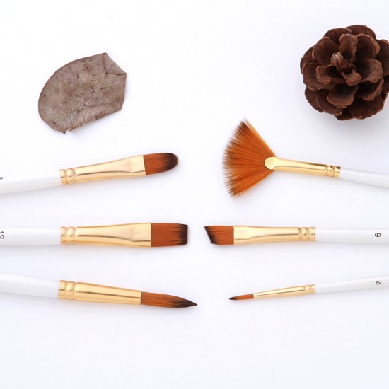 6pcs Pearl White Handle Combined Paint Brushes Set Nylon Hair Wooden Handle Artists Paintbrushes for Acrylic Oil Watercolor Gouache Nail Body Face Rock Drawing Arts Crafts Supplies Painting