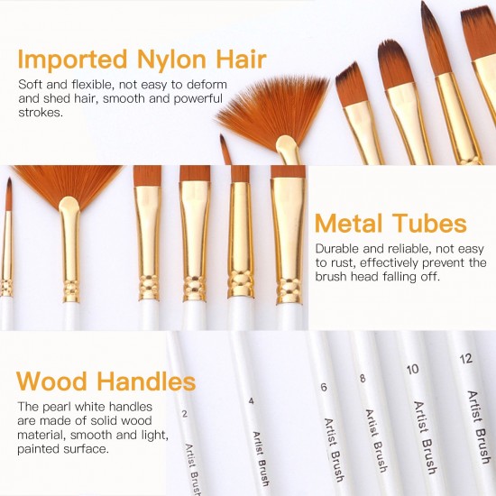 6pcs Pearl White Handle Combined Paint Brushes Set Nylon Hair Wooden Handle Artists Paintbrushes for Acrylic Oil Watercolor Gouache Nail Body Face Rock Drawing Arts Crafts Supplies Painting