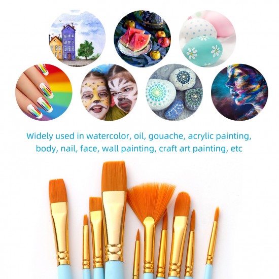 10pcs Watercolor Paint Brushes Set Nylon Hair Artist Paintbrushes with Fan Tip for Acrylic Oil Gouache Nail Body Face Rock Drawing Arts Crafts Supplies Painting