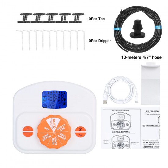 Automatic Drip Irrigation Emitter System Controller Batter-powered/USB-powered Programmable Watering Water Timer for Gardening Pot Plants Flowers with 10-meters 4/7