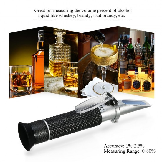 Portable Handheld ATC Alcohol Refractometer Liquor Volume Percent Tester with 0-80% Measuring Range