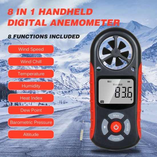 8 in 1 Handheld Digital Anemometer Wind Speed/Wind Chill/Temperature/Humidity/Heat Index/Dew Point/Barometric Pressure/Altitude Meter Digital Meteorograph with LCD Backlight