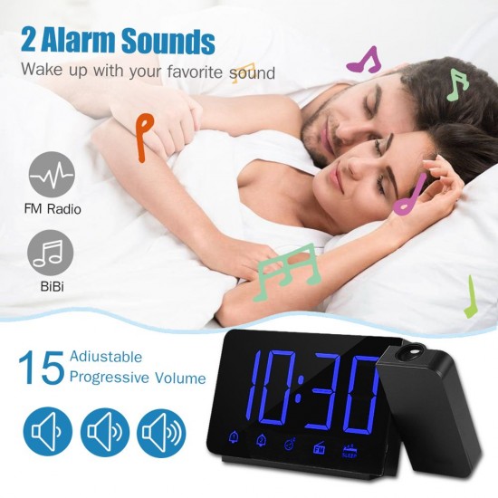 Projection Alarm Clock 180°Projector with FM Radio Snooze Function 4 Dimmer Dual Alarm USB Charging Digital Clock 12H/24H for Bedrooms