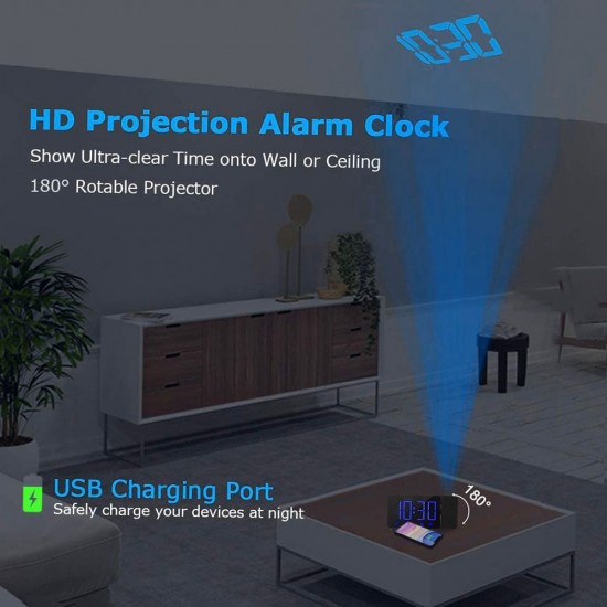 Projection Alarm Clock 180°Projector with FM Radio Snooze Function 4 Dimmer Dual Alarm USB Charging Digital Clock 12H/24H for Bedrooms