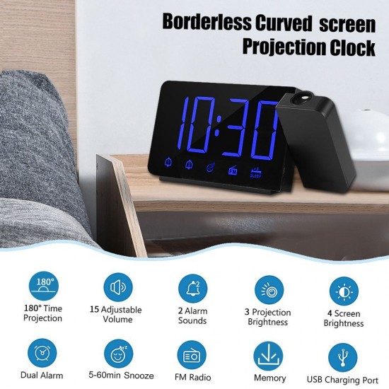 Projection Alarm Clock 180°Projector with FM Radio Snooze Function 4 Dimmer Dual Alarm USB Charging Digital Clock 12H/24H for Bedrooms