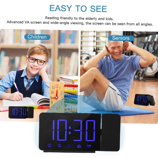 Projection Alarm Clock 180°Projector with FM Radio Snooze Function 4 Dimmer Dual Alarm USB Charging Digital Clock 12H/24H for Bedrooms