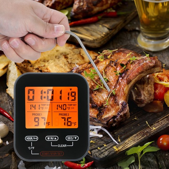 Digital Food Thermometer and Timer Wireless Meat Temperature Probe Thermomter Oven Thermometer for Grill Smoker Barbecue Kitchen Cooking with Dual Probes