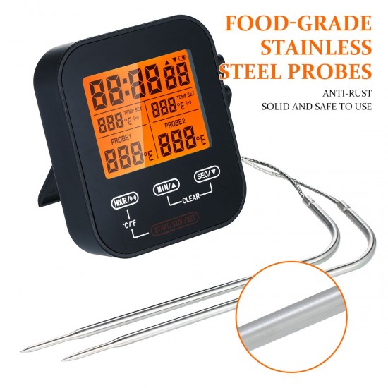 Digital Food Thermometer and Timer Wireless Meat Temperature Probe Thermomter Oven Thermometer for Grill Smoker Barbecue Kitchen Cooking with Dual Probes