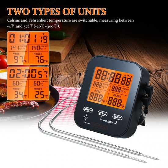 Digital Food Thermometer and Timer Wireless Meat Temperature Probe Thermomter Oven Thermometer for Grill Smoker Barbecue Kitchen Cooking with Dual Probes