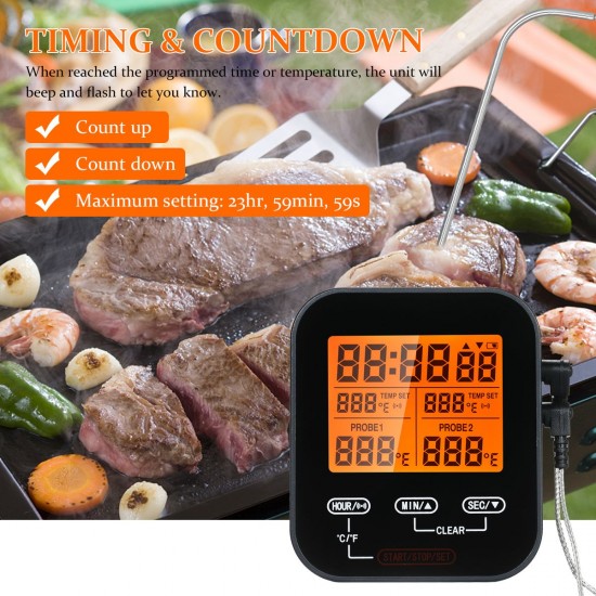 Digital Food Thermometer and Timer Wireless Meat Temperature Probe Thermomter Oven Thermometer for Grill Smoker Barbecue Kitchen Cooking with Dual Probes