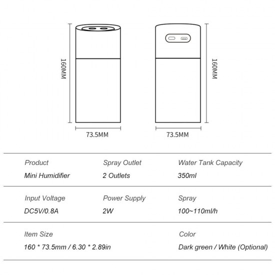 USB Humidifier 350ml Two Outlets Spray Humidifier with Colorful Night Light for Home Office Dormitory Car