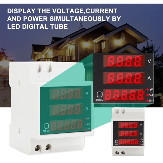 Multi-functional Digital Din Rail Current Voltage Power Ammeter Voltmeter Display Meter AC 80-300V / 100A